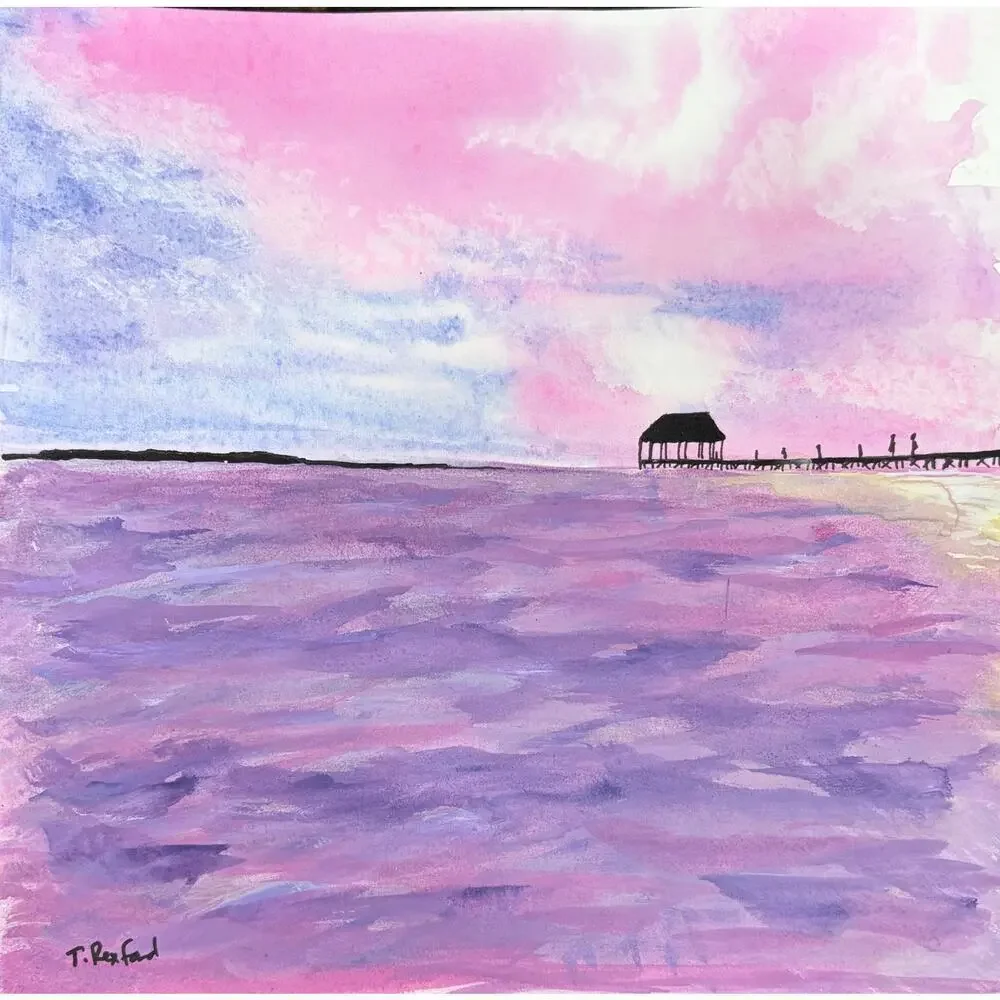 Hand painted watercolor original painting purple ocean scene with pier/dock